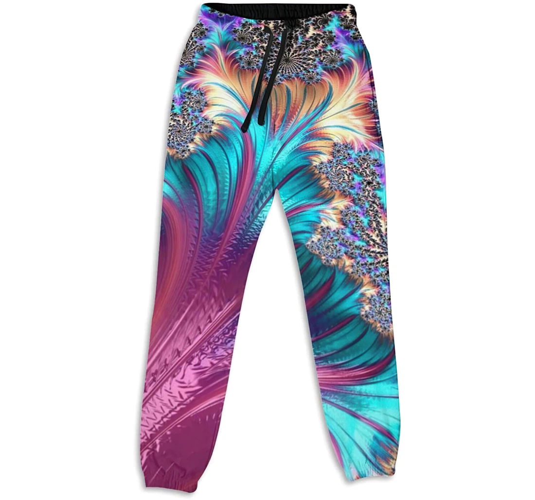Personalized Casual Fractal Puffy Feather Art Purple Sweatpants, Joggers Pants With Drawstring For Men, Women