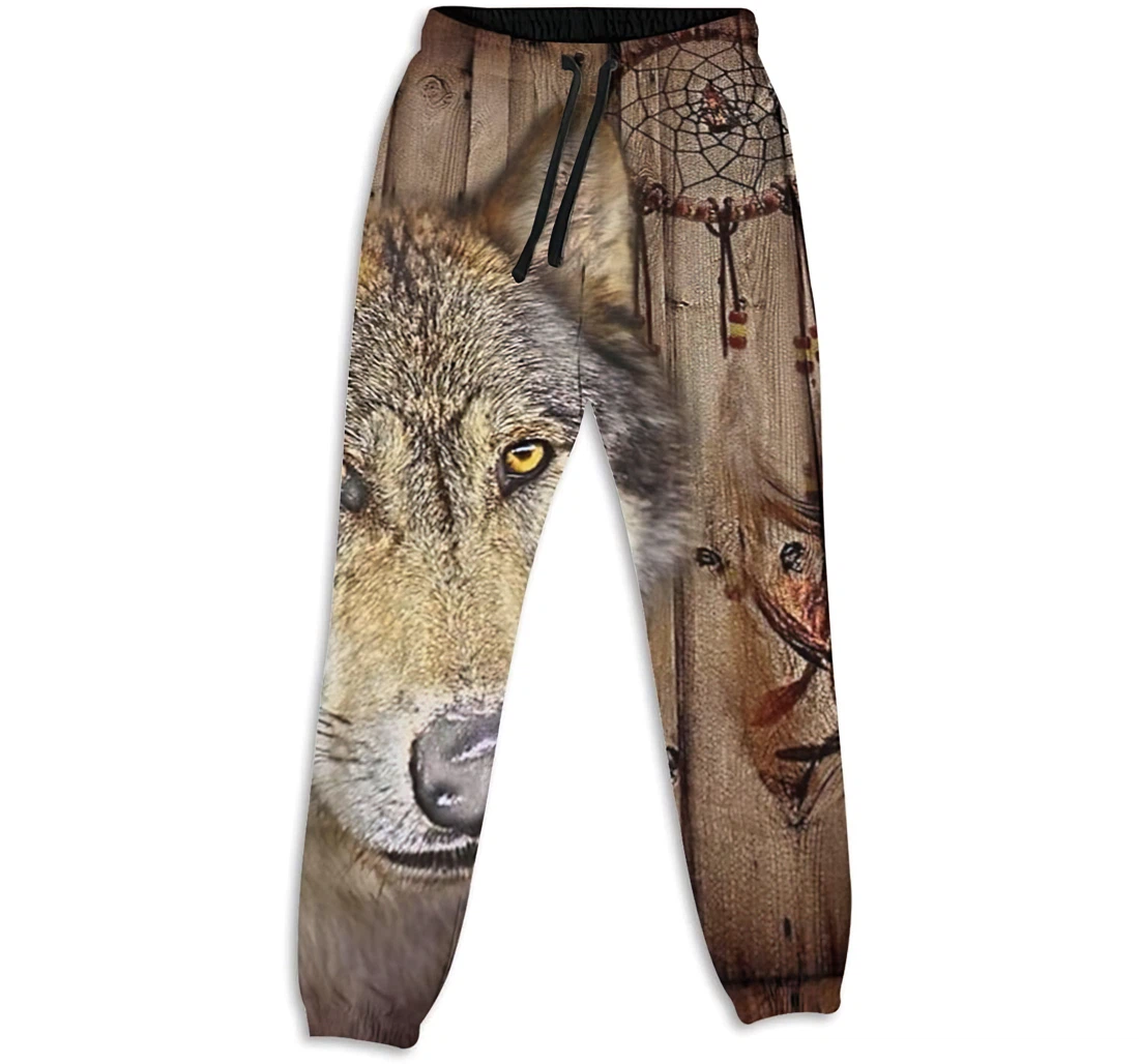 Personalized Graphic Western Country Native Dream Catcher Wolf Head Sweatpants, Joggers Pants With Drawstring For Men, Women