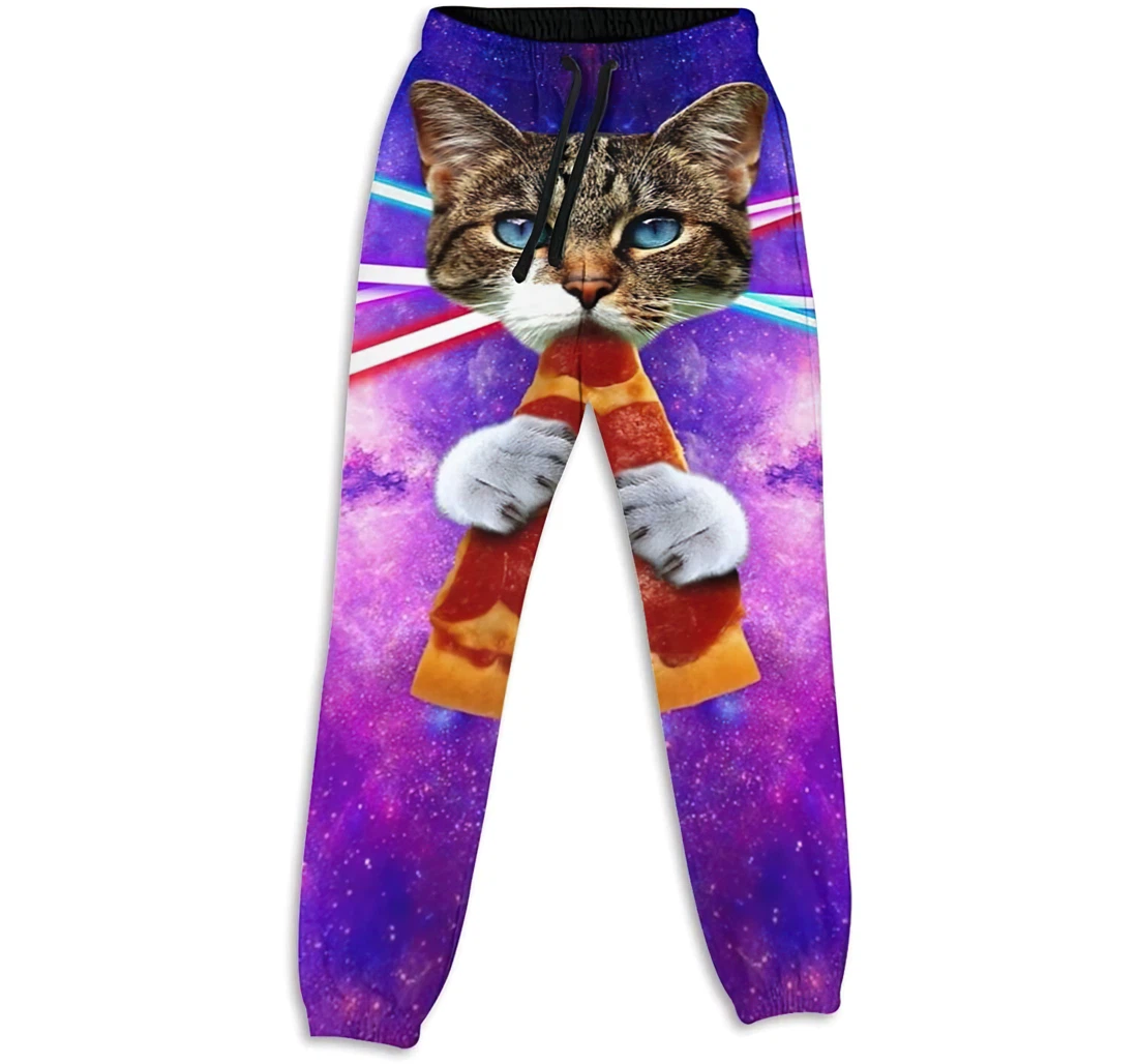 Personalized Graphic Space Nebula Universe Lazer Cat Eat Pizza Sweatpants, Joggers Pants With Drawstring For Men, Women