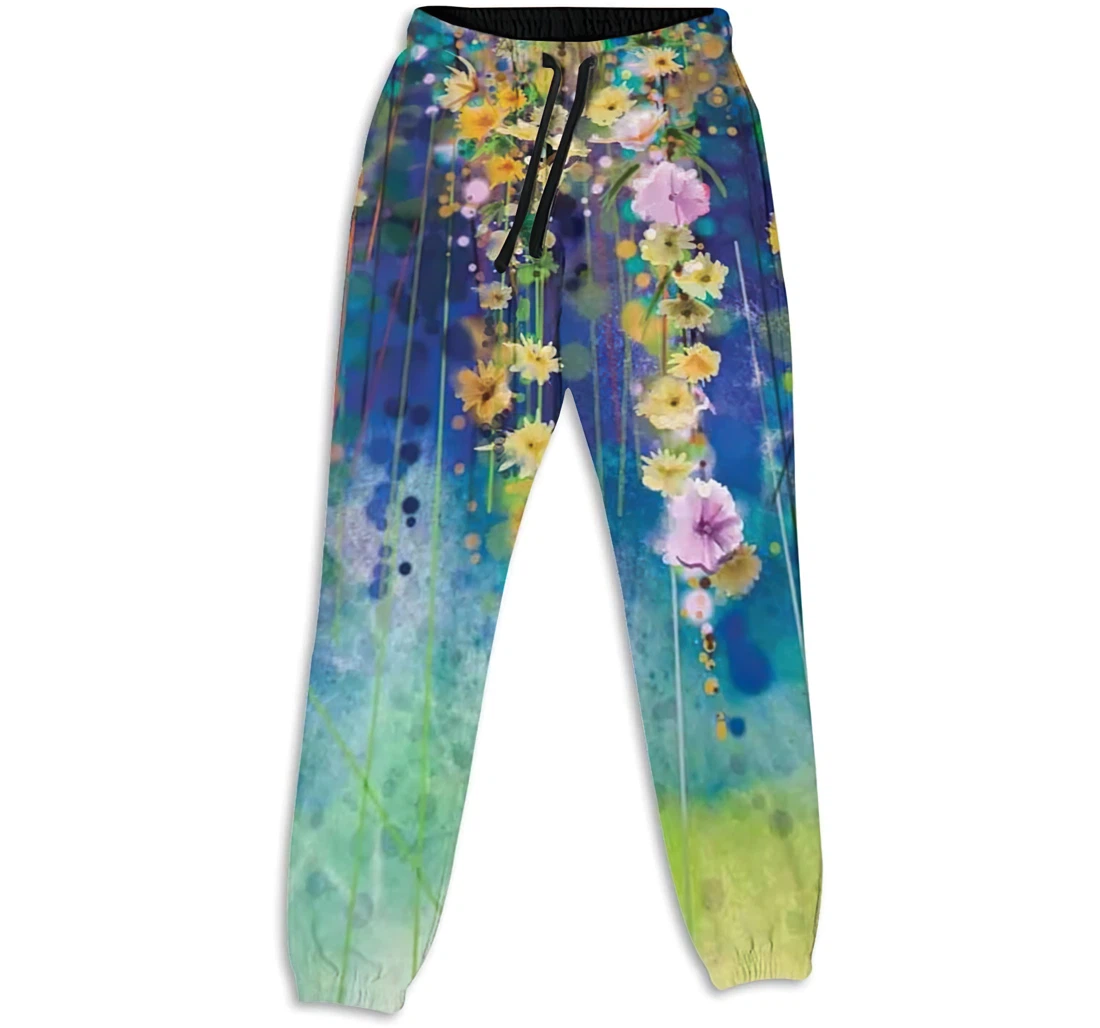 Personalized Graphic Watercolor Flower Vines Flowers Garden Sweatpants, Joggers Pants With Drawstring For Men, Women