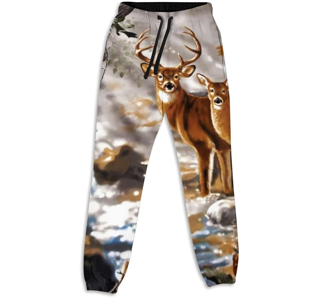 Personalized Graphic Deer Real Tree Forest Camouflage Sweatpants, Joggers Pants With Drawstring For Men, Women