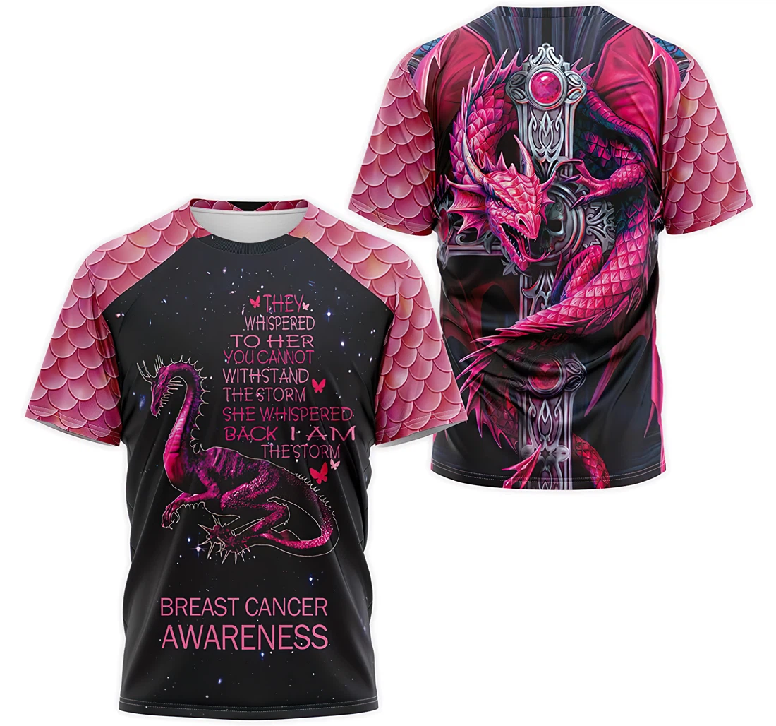 Personalized T-Shirt, Hoodie - Dragon Sword Breast Cancer Awaraness They Whispered To Her You Cannot Withstand The Storm 3D Printed