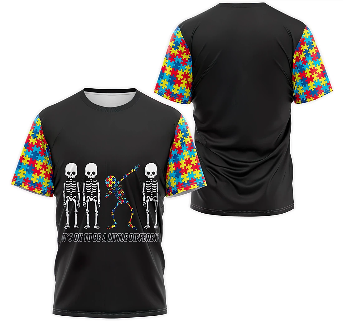 Personalized T-Shirt, Hoodie - Autism It's Ok To Be A Little Different Dabbing Skeleton 3D Printed