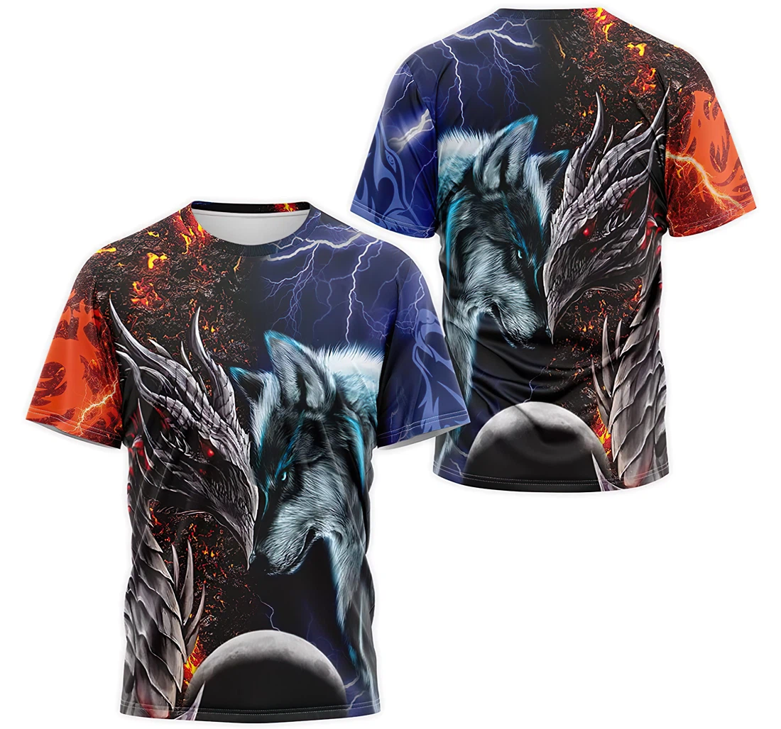 Personalized T-Shirt, Hoodie - Thunder Blue Wolf And Fire Dragon Vocalno 3D Printed