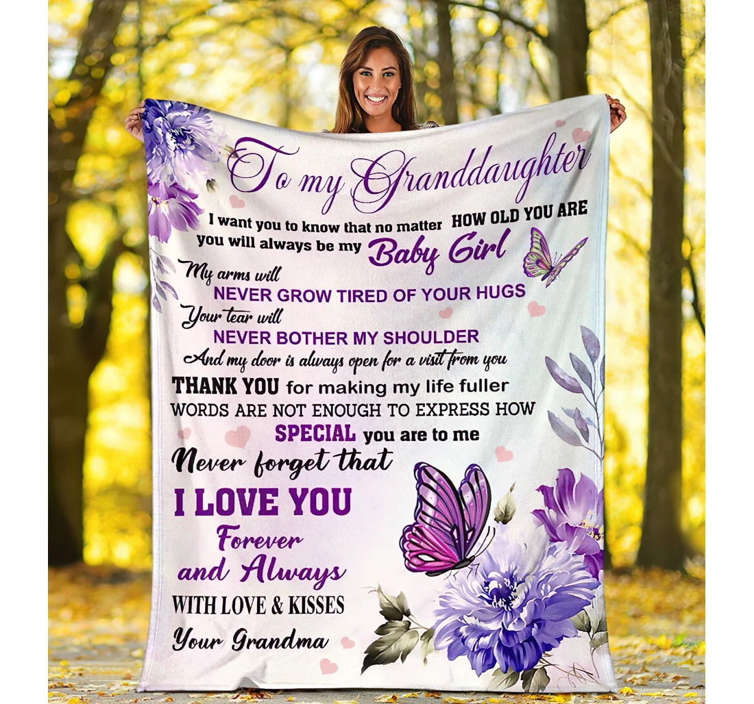 Throw Blanket, Quilt - Personalized Butterflies Family To My Granddaughter From Grandma Custom Name Cute Violet Flowers And Butterfly Bedding Gifts Sherpa Fleece