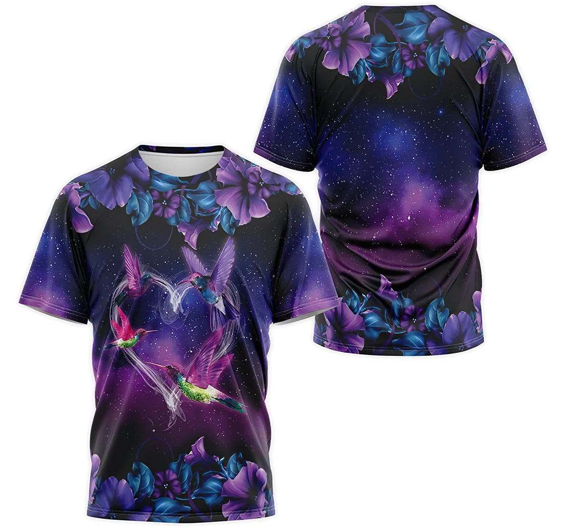 Personalized T-Shirt, Hoodie - Purple Hummingbird Galaxy Flower Heart 3D Printed