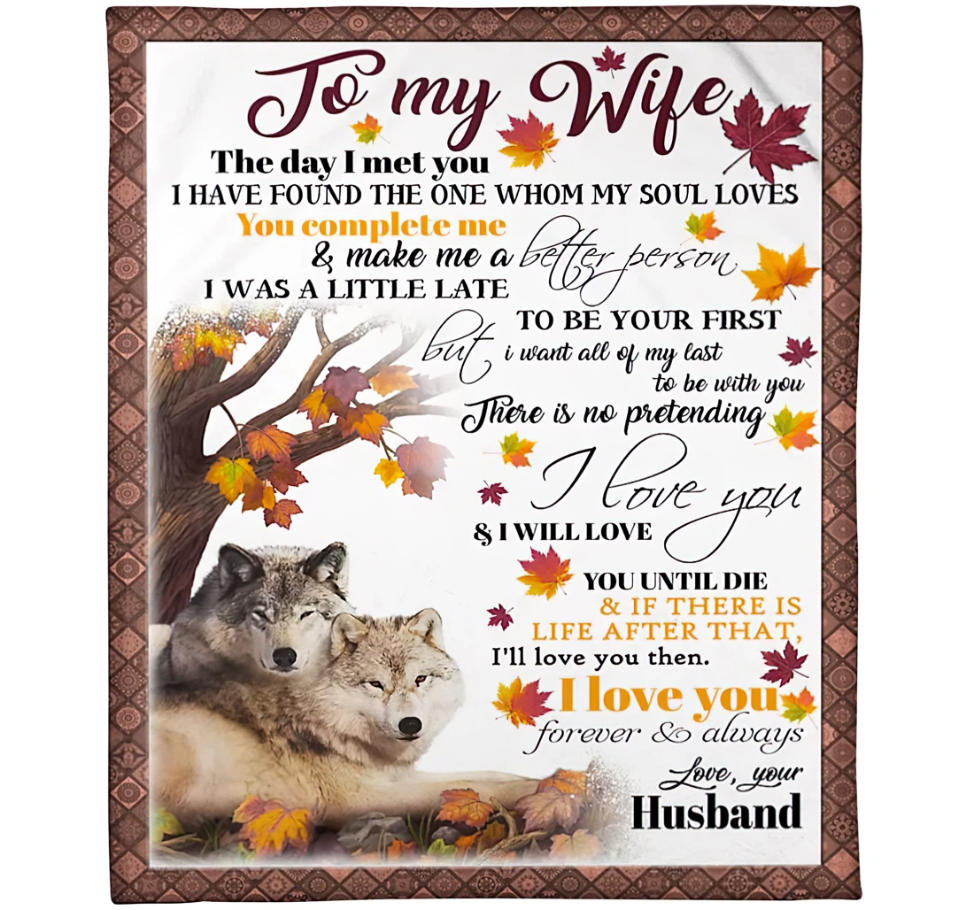 Throw Blanket, Quilt - Personalized Couple Love Wolf To My Wife From Husband Custom Name Couple Of Wolves In Autumn Love Bedding Gifts Valentines Xmas Sherpa Fleece