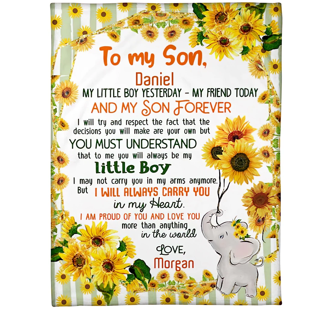 Throw Blanket, Quilt - Personalized Sunflower To My Son Love From Mom Custom Name Cute Baby Boy Elephant Vertical Stripes Winter Gifts Sherpa Fleece