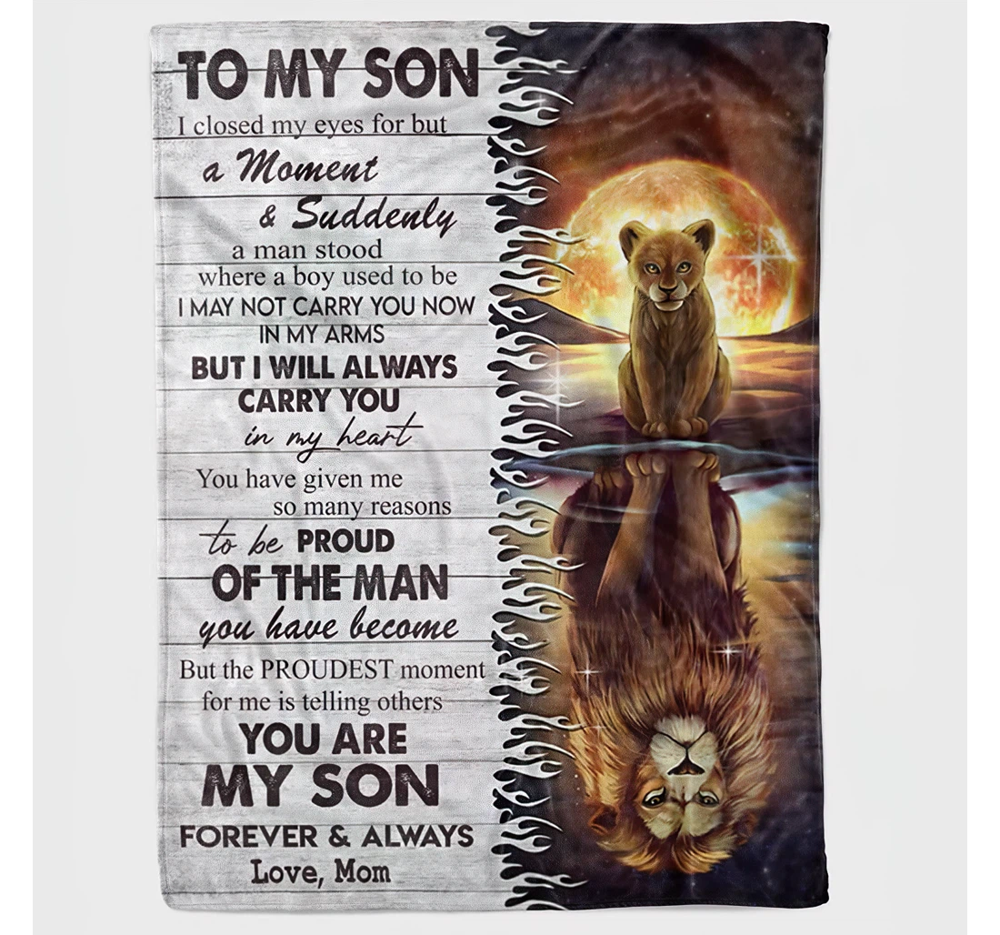 Throw Blanket, Quilt - Personalized Lion To My Son Love Mom Custom Name Bedding Men Animal Lovers Lion With Moon Flleece Gifts Xmas Sherpa Fleece