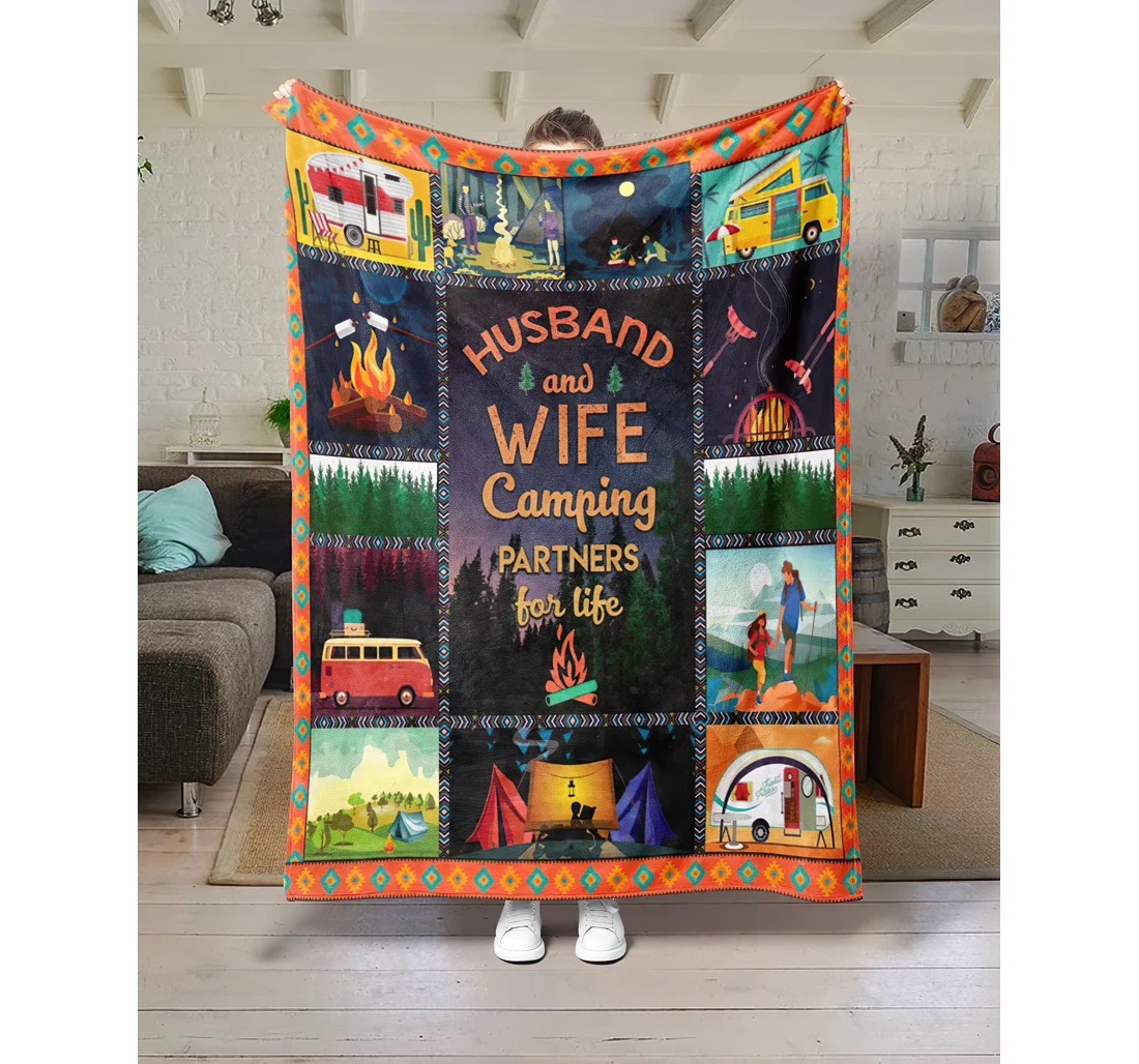 Throw Blanket, Quilt - Husband And Wife Camping Partner Life Premium Happy Camper Camping Memories Gift Ideas Couple Campfire Partner Sherpa Fleece