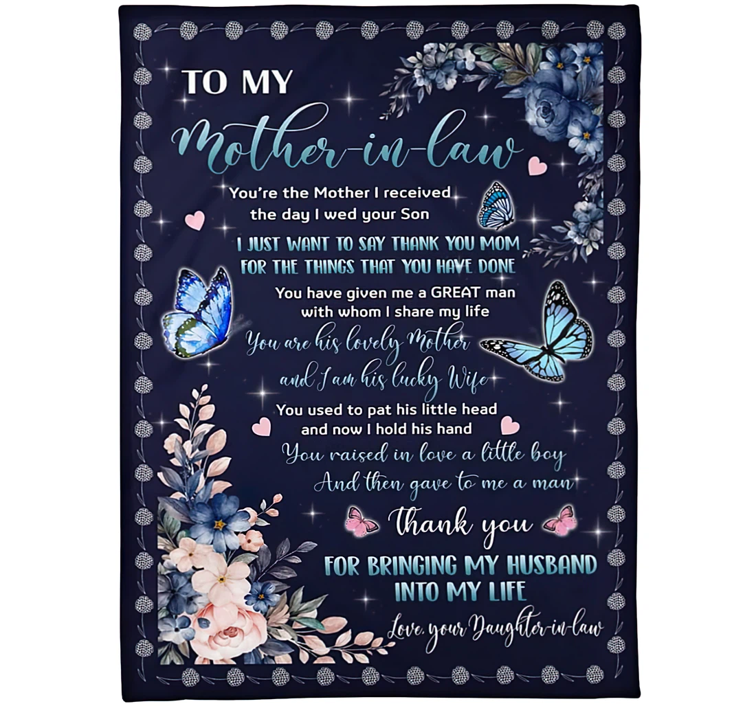 Throw Blanket, Quilt - Personalized Butterfly To My Mother In Law From Daughter In Law Custom Name Blue Pink Beautiful Flowers And Cute Butterflies Heart Gifts Sherpa Fleece