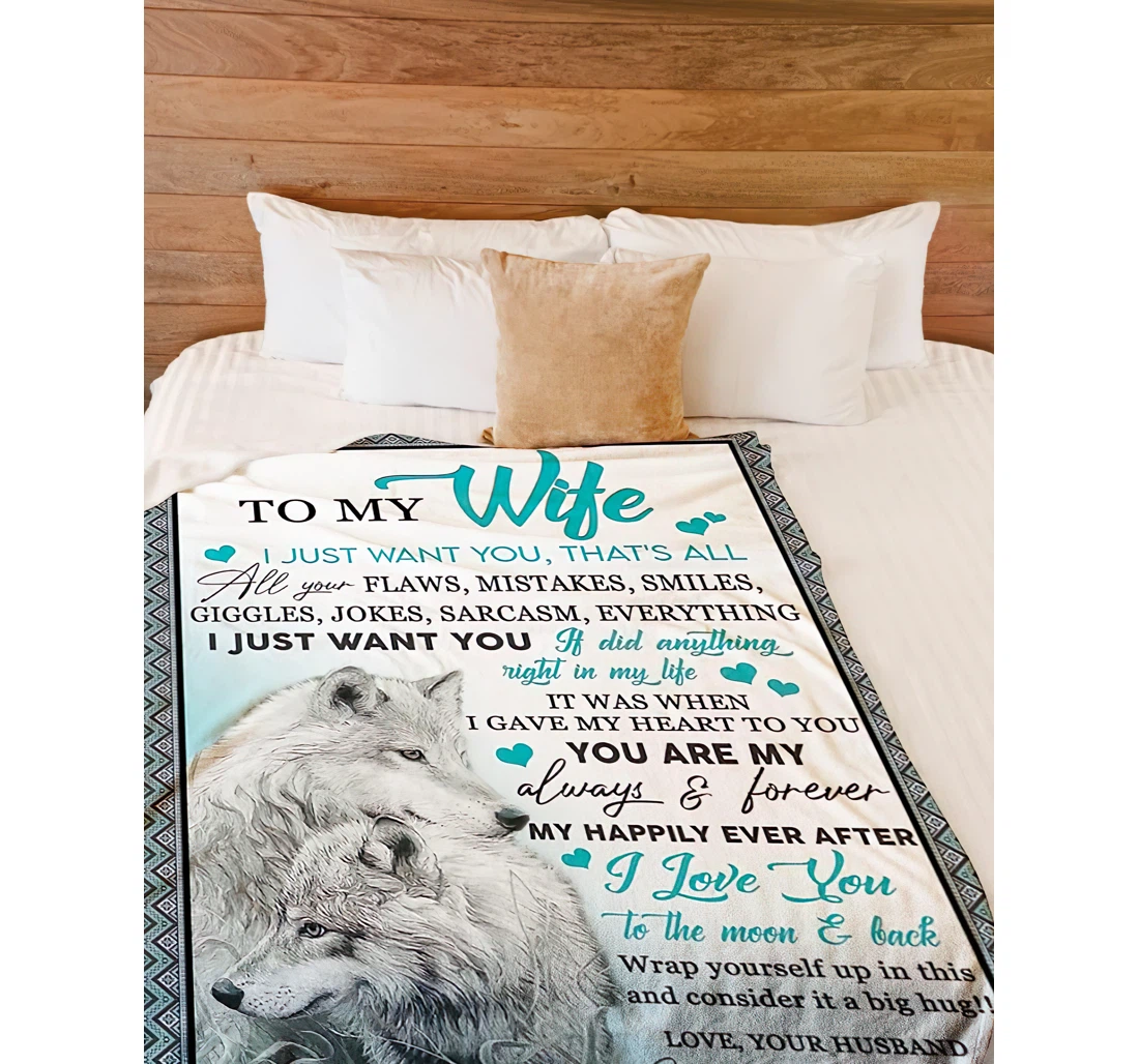 Throw Blanket, Quilt - Personalized Wolf To My Wife From Husband Custom Name I Love You To The Moon And Back Happiness Couple Together Design Gifts Valentines Xmas Sherpa Fleece