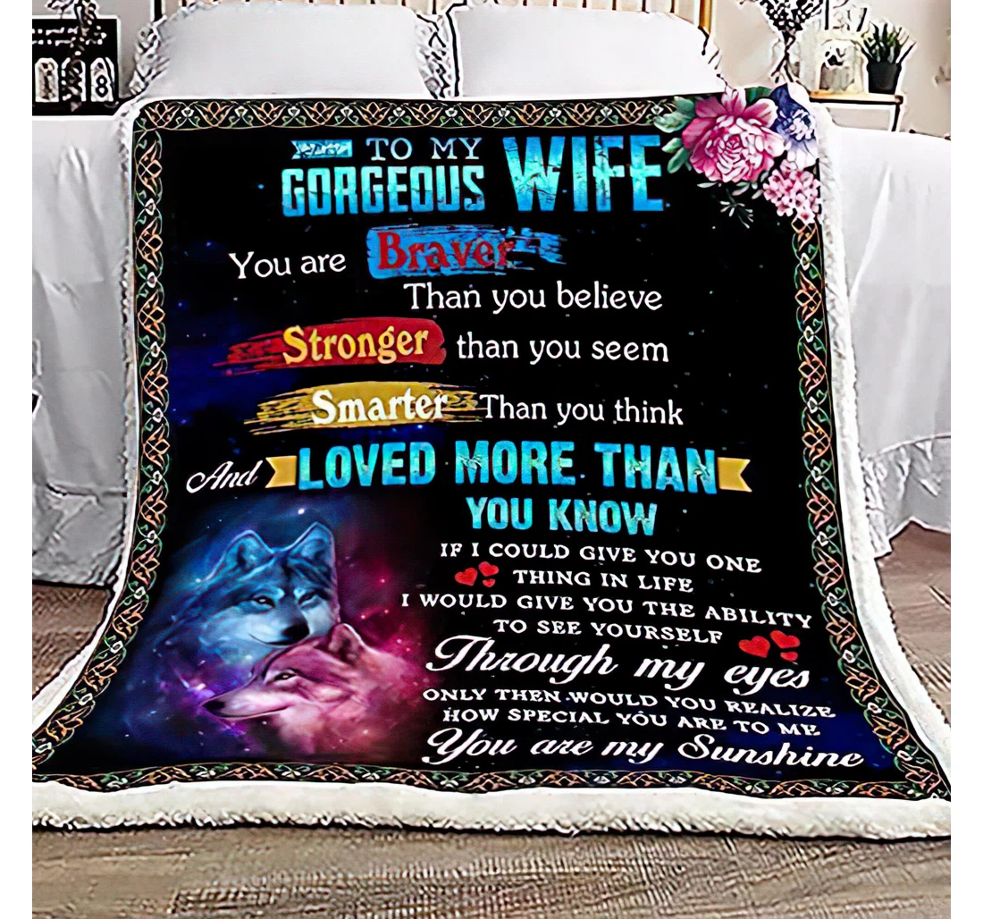 Throw Blanket, Quilt - Personalized Wolf To Gorgeous Wife From Husband Custom Name Romantic Print Galaxy Wolf Couple Customized Gifts Valentine Sherpa Fleece