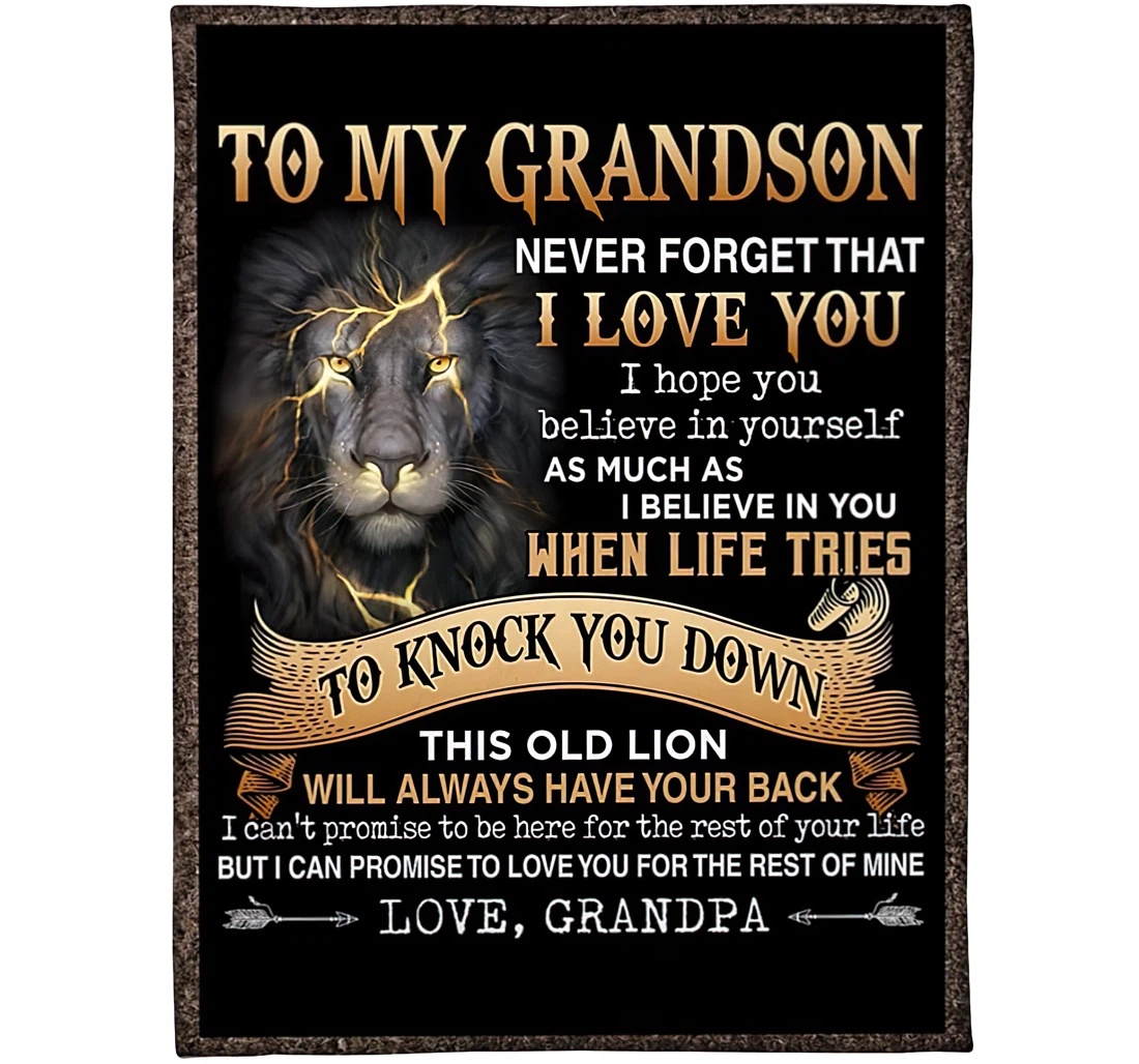 Throw Blanket, Quilt - Personalized To My Grandson This Old Lion Wall Always Have Your Back Love Grandpa Custom Name Lion Face Lighting Xmas Sherpa Fleece