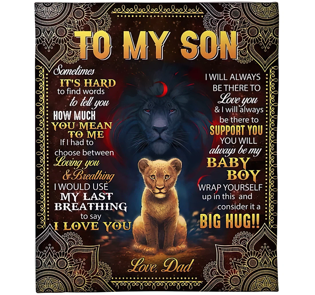 Throw Blanket, Quilt - Personalized Mandala To My Son From Dad Custom Name Bedding Lion Father And Cub Light Art Print Gifts Gold Lotus Lovers Sherpa Fleece