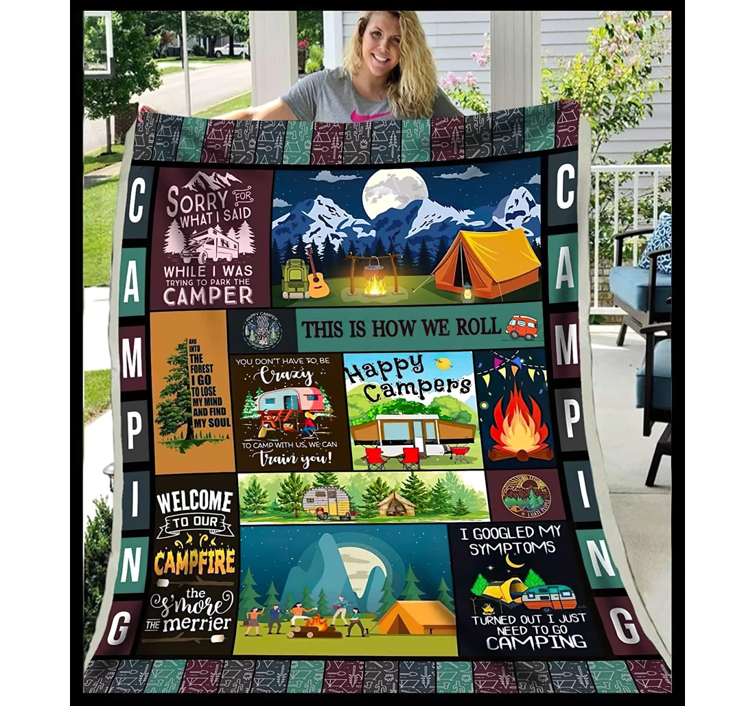 Throw Blanket, Quilt - Personalized Gifts Camping Happy Campers This Is How We Roll Gifts Great Ideas Sherpa Fleece