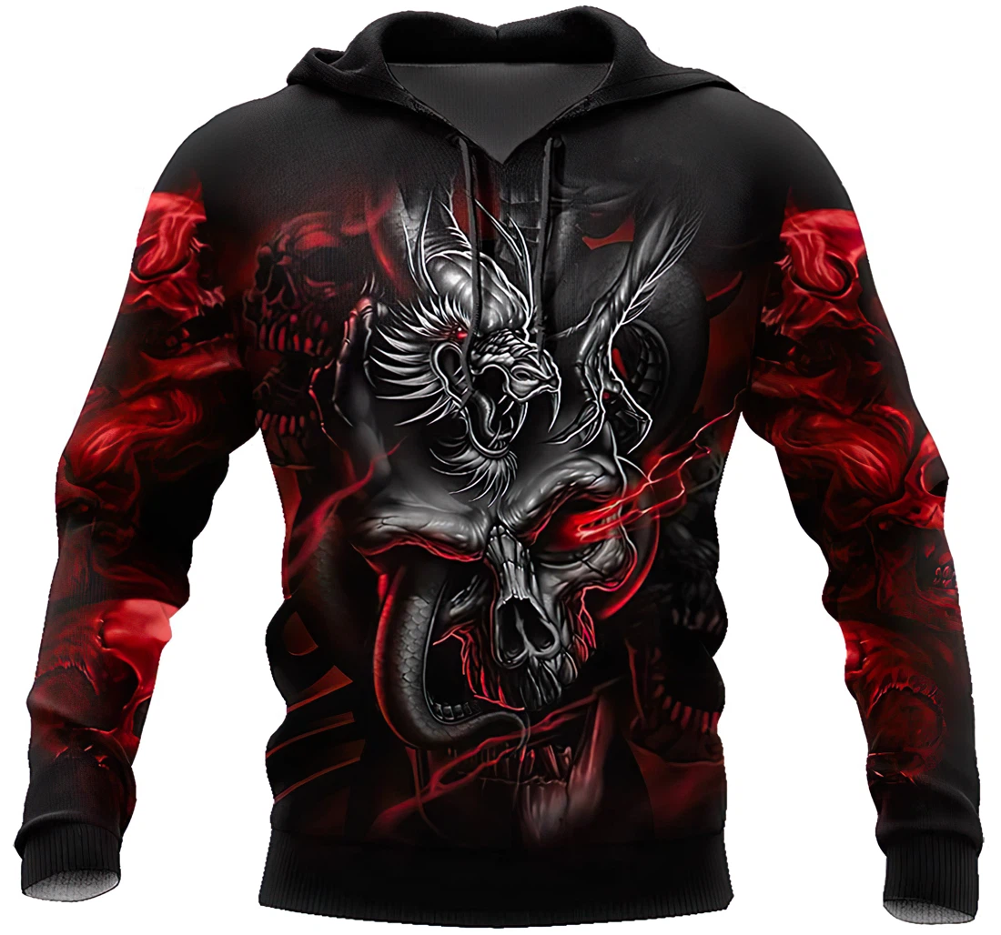 Dragon Skull And Red Smoke Man And Woman - 3D Printed Pullover Hoodie