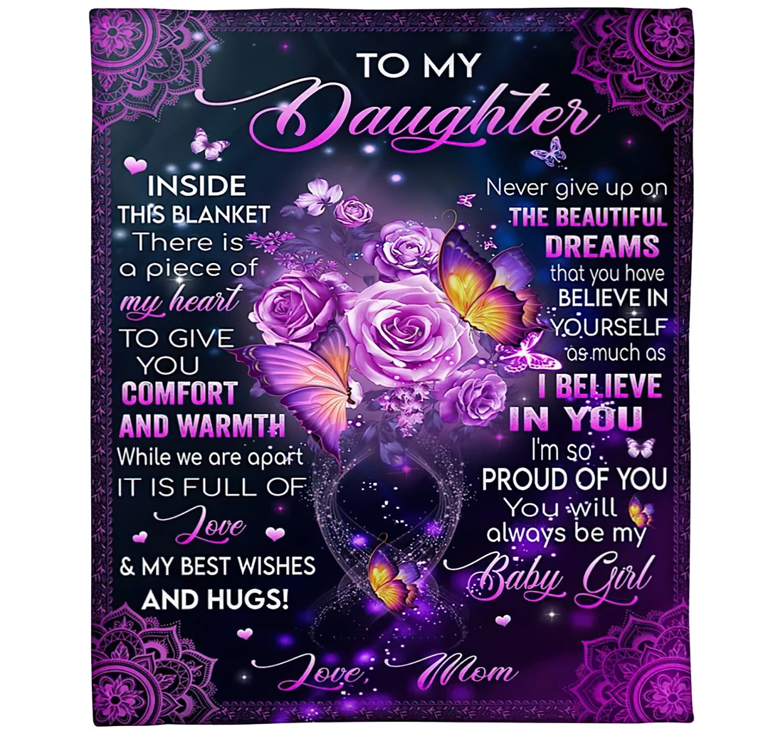 Throw Blanket, Quilt - Personalized To My Daughter From Mom Custom Name Bling Beautiful Violet Butterfly And Rose Art Mandala Style Bedding Gifts Sherpa Fleece