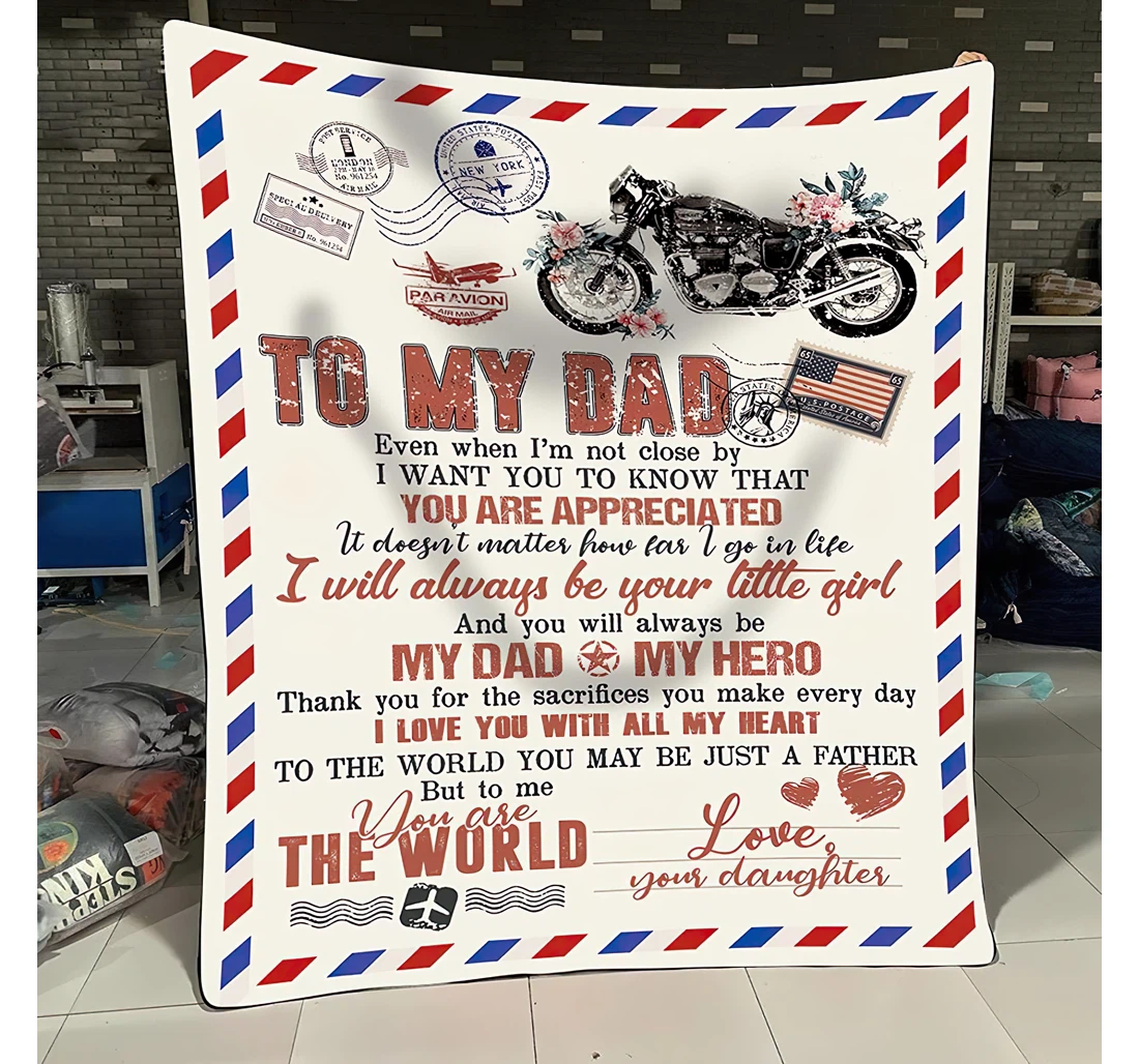 Throw Blanket, Quilt - Personalized Letter Beloved Dad From Daughter Custom Name Air Mail Style Cooler Motorbike Usa Flag Winter Gifts Xmas Sherpa Fleece