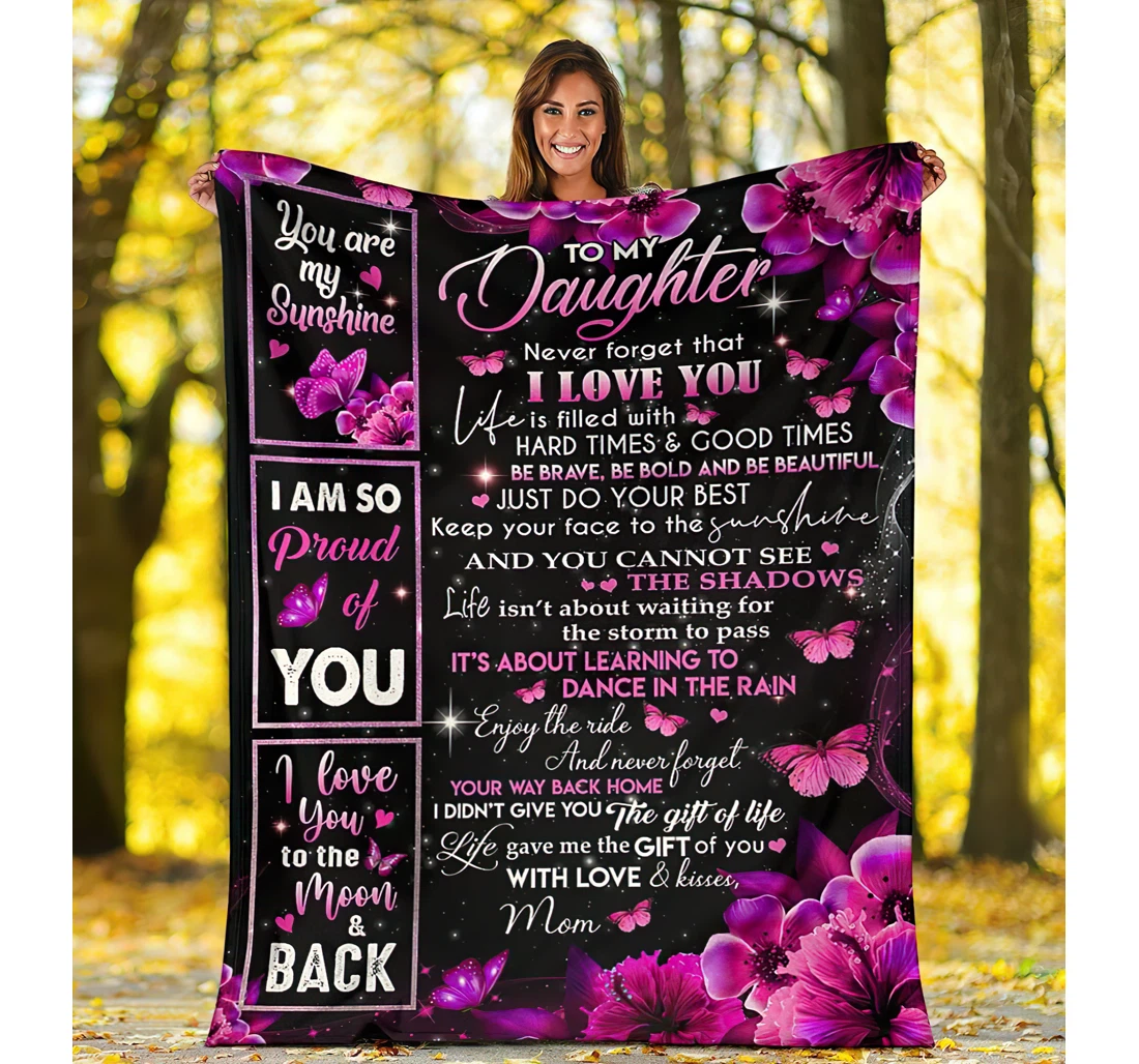 Throw Blanket, Quilt - Personalized Family To My Daughter From Mom Custom Name Violet Hibiscus Flowers Butterfly Art Printed Custom Gifts Sherpa Fleece