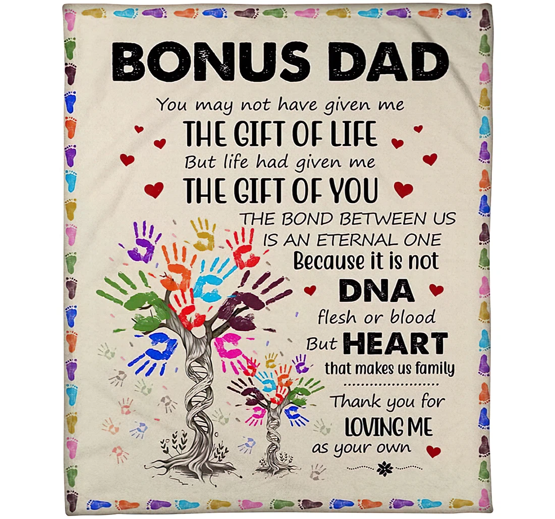 Throw Blanket, Quilt - Personalized Dna Tree To My Bonus Dad From Kid Custom Name Family Father Hand Dna Plant Foot Border Bedding Gifts Xmas Sherpa Fleece