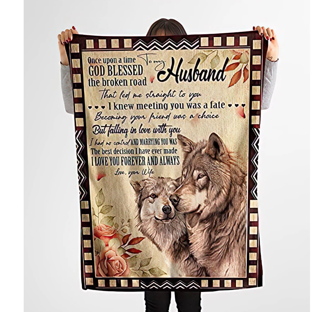 Throw Blanket, Quilt - Personalized Wolf To My Husband From Wife Custom Name Wolf Couple And Flower Velvet Gifts Boyfriend Darling Lover Sherpa Fleece