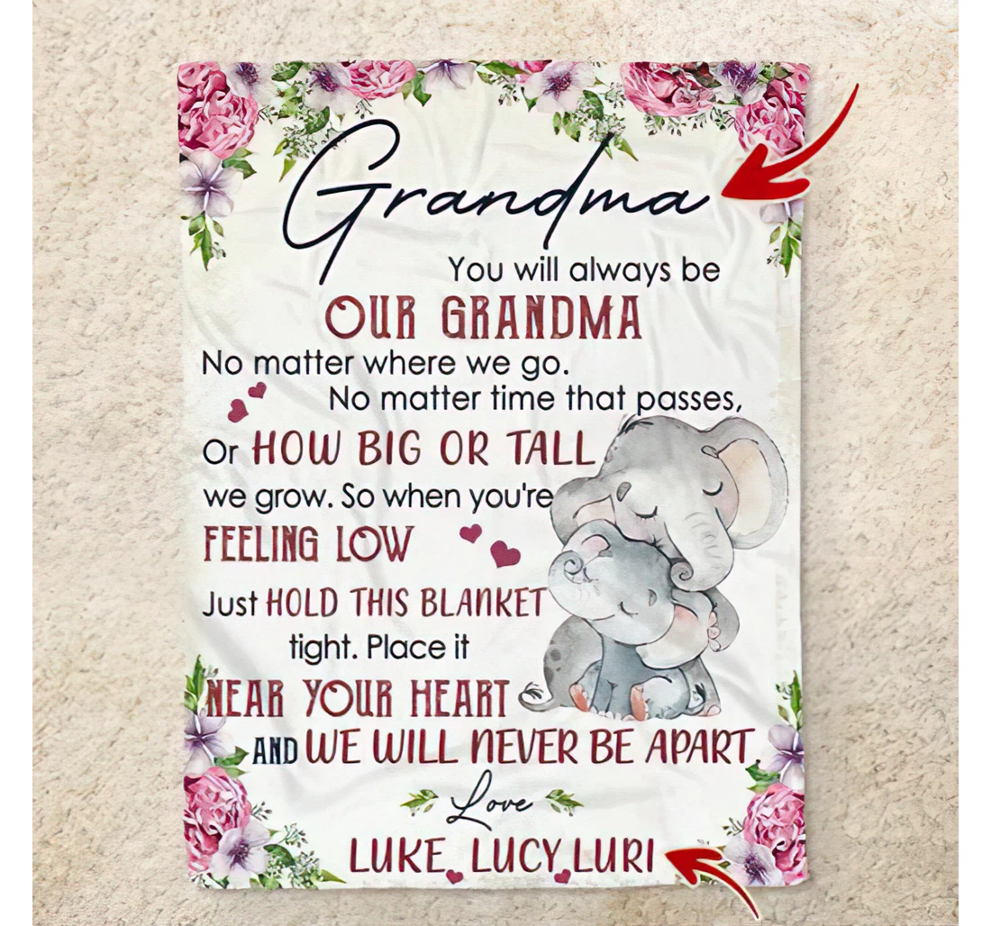 Throw Blanket, Quilt - Personalized Elephant To My Grandma From Grandkids Custom Name Cute Elephant Flower Warmth Office Gifts Xmas Sherpa Fleece