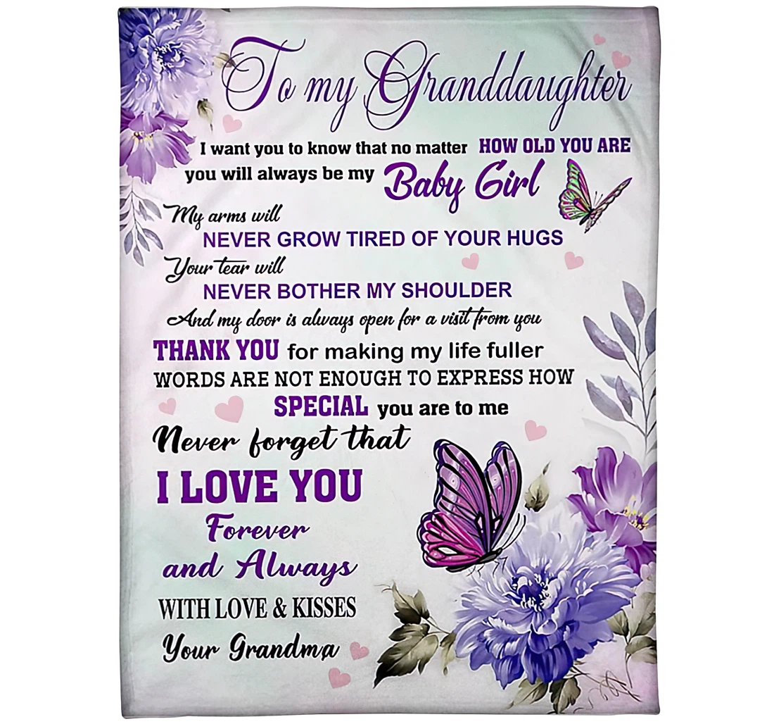 Throw Blanket, Quilt - Personalized Butterfly To My Granddaughter From Grandma Custom Name Purple Beautiful Butterfly Flower Floral Gifts Sherpa Fleece