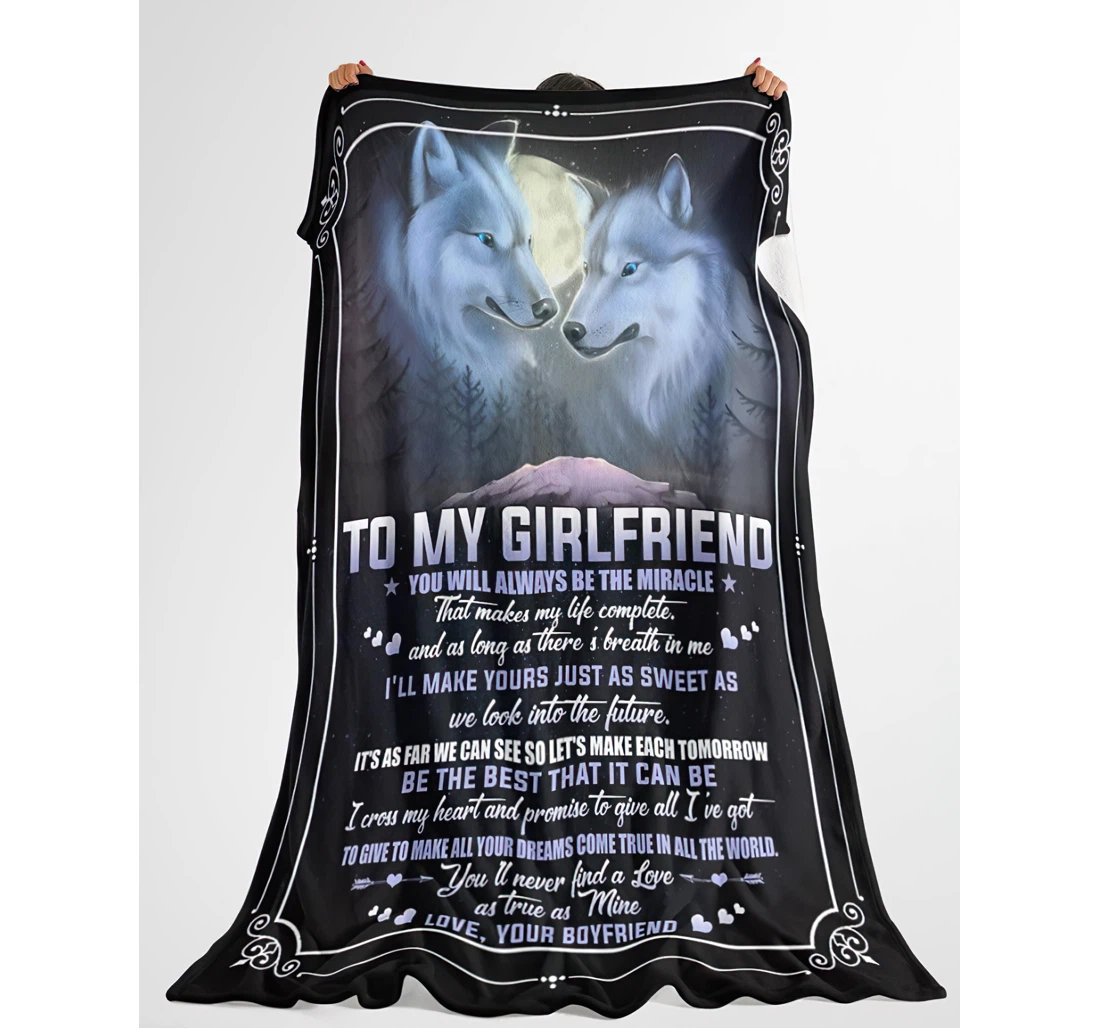 Throw Blanket, Quilt - Personalized Wolf To My Girlfriend Custom Name The Wolf In The Dark Forest Couple Together Happiness Art Printed Bedding Gifts Valentines Xmas Sherpa Fleece