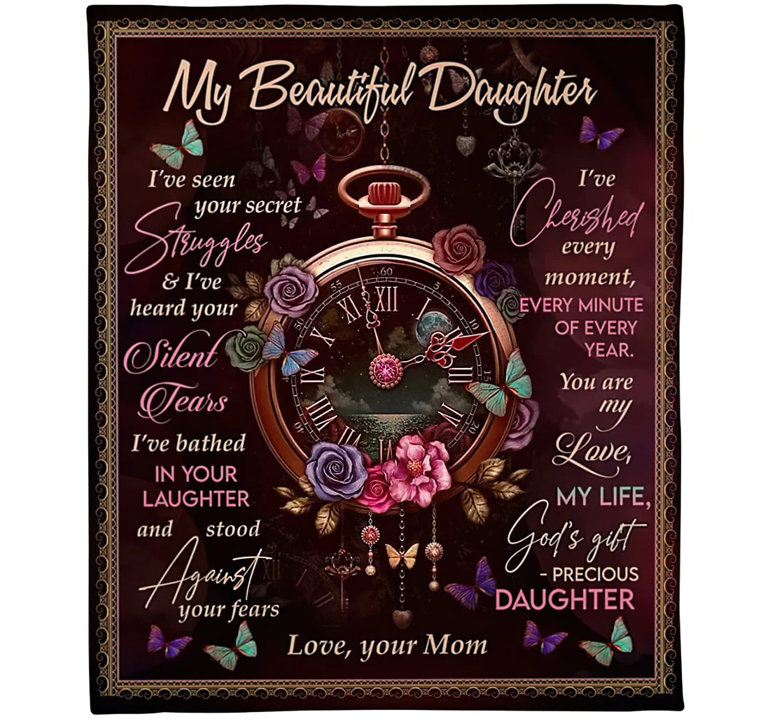 Throw Blanket, Quilt - Personalized Family To My Beautiful Daughter From Mom Custom Name Flower Butterfly Timepiece Art Printed Bedding Gifts Sherpa Fleece