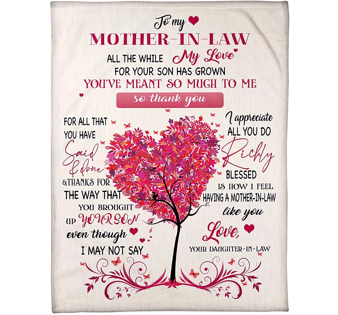 Throw Blanket, Quilt - Personalized To My Mother In Law From Daughter In Law Custom Name Pink Beautiful Heart Tree Butterfly Art Printed Bedding Gifts Sherpa Fleece