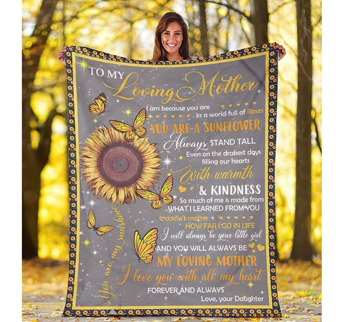 Throw Blanket, Quilt - Personalized To My Loving Mother From Daughter Custom Name Family Bling Yellow Butterfly Sunflower Design Bedding Gifts Sherpa Fleece