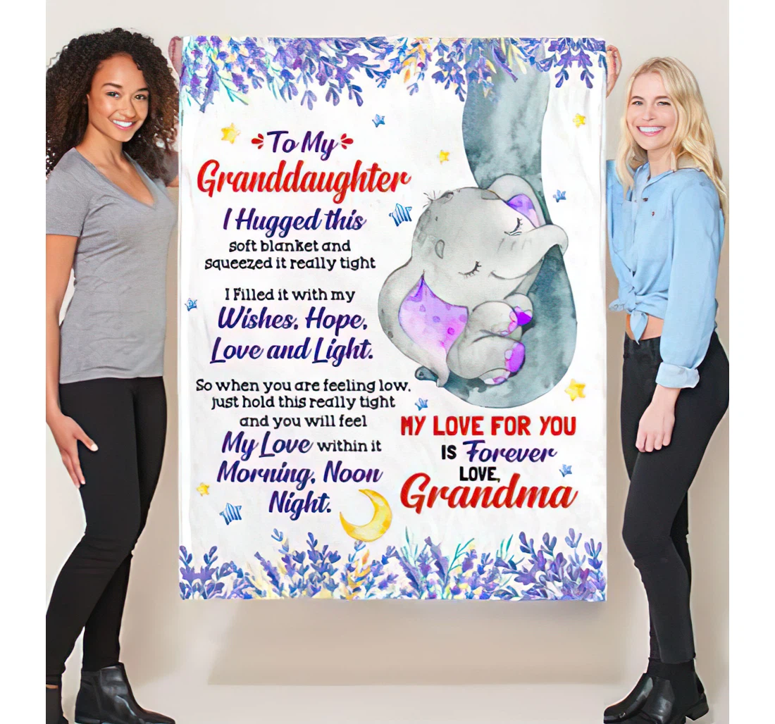 Throw Blanket, Quilt - Personalized Elephant To Granddaughter From Grandma Custom Name Baby Elephant Lavender Floral Light Weight Customized Gifts Nana Sherpa Fleece