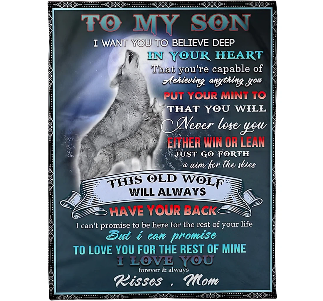 Throw Blanket, Quilt - Personalized To My Son Wolf From Mom Customized Baby And Mother Wolf Howling In The Moon Art Printed Light Weight Bedroom Gifts Sherpa Fleece