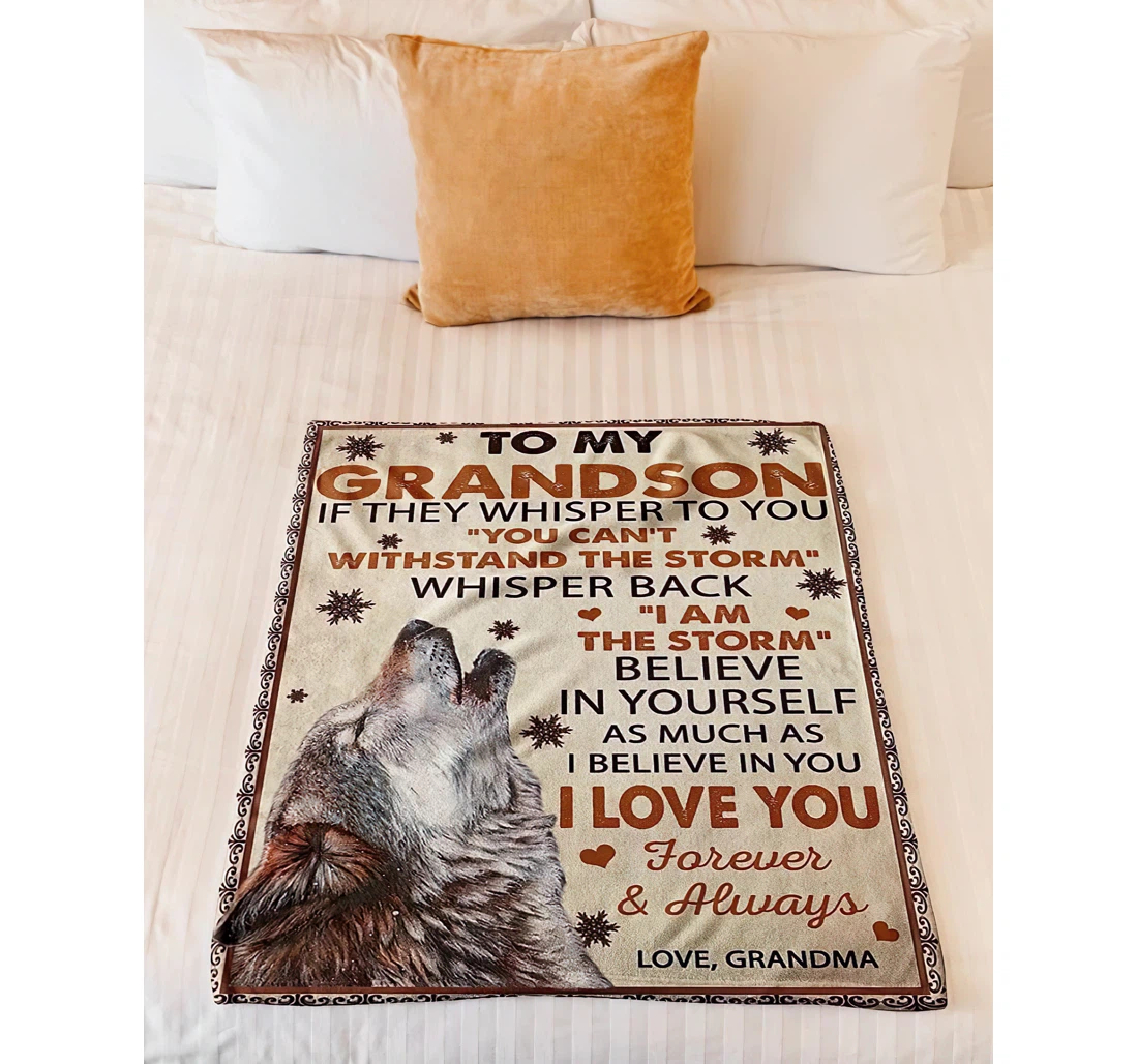 Throw Blanket, Quilt - Personalized Wolf To My Grandson From Grandma Custom Name Howling Wolf In The Winter Art Printed Bedding Gifts Xmas Sherpa Fleece