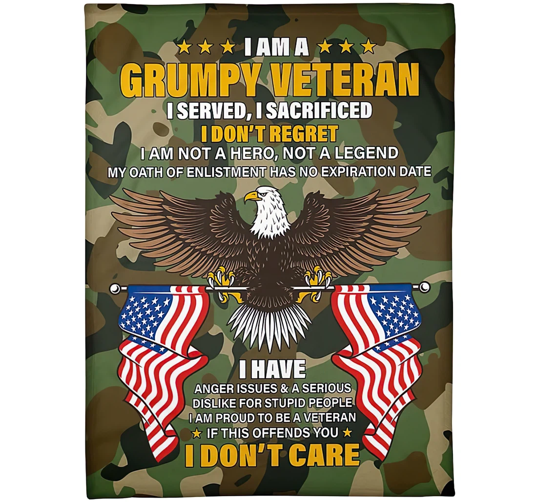 Throw Blanket, Quilt - American Flag Eagle Grumpy Veteran Grandpa Army Braver Eagle Usa Flag Art Military Winter Gifts Independence Sherpa Fleece