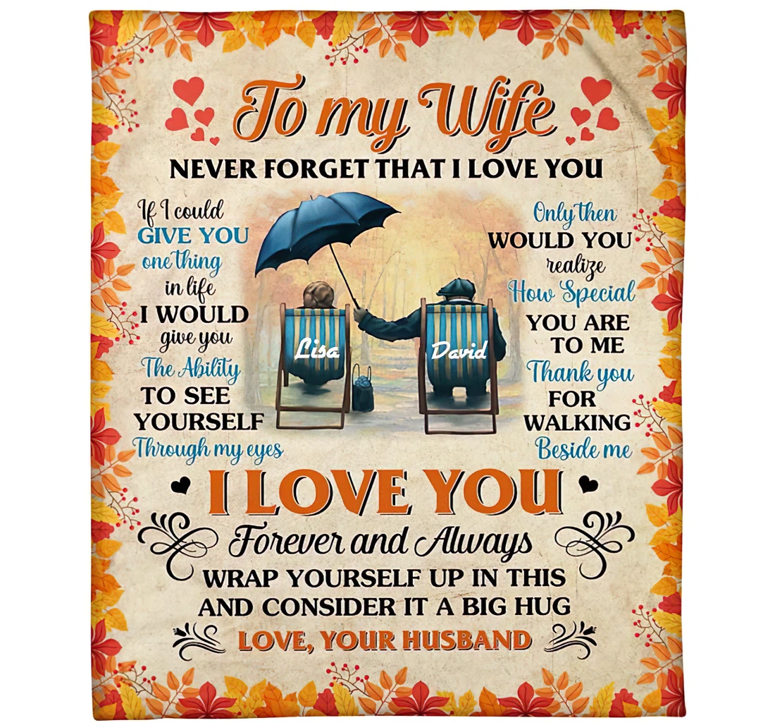 Throw Blanket, Quilt - Personalized To My Wife From Husband Custom Name Happiness Grown Old Couple Together In Autumn Background Bedding Gifts Xmas Sherpa Fleece