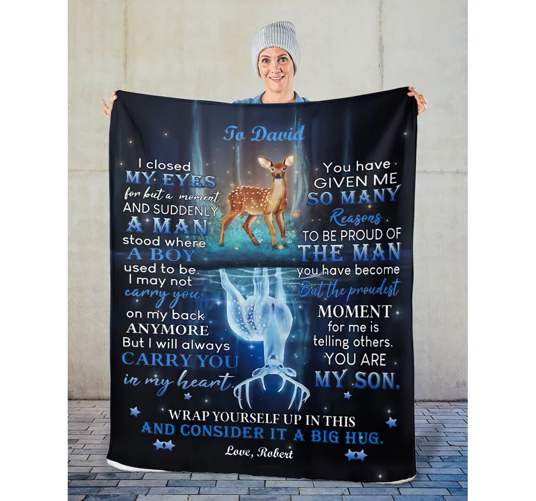 Throw Blanket, Quilt - Personalized Deer Family To My Son From Dad And Mom Customized Name Baby Deer Shine Shadow Silky Gifts Sherpa Fleece