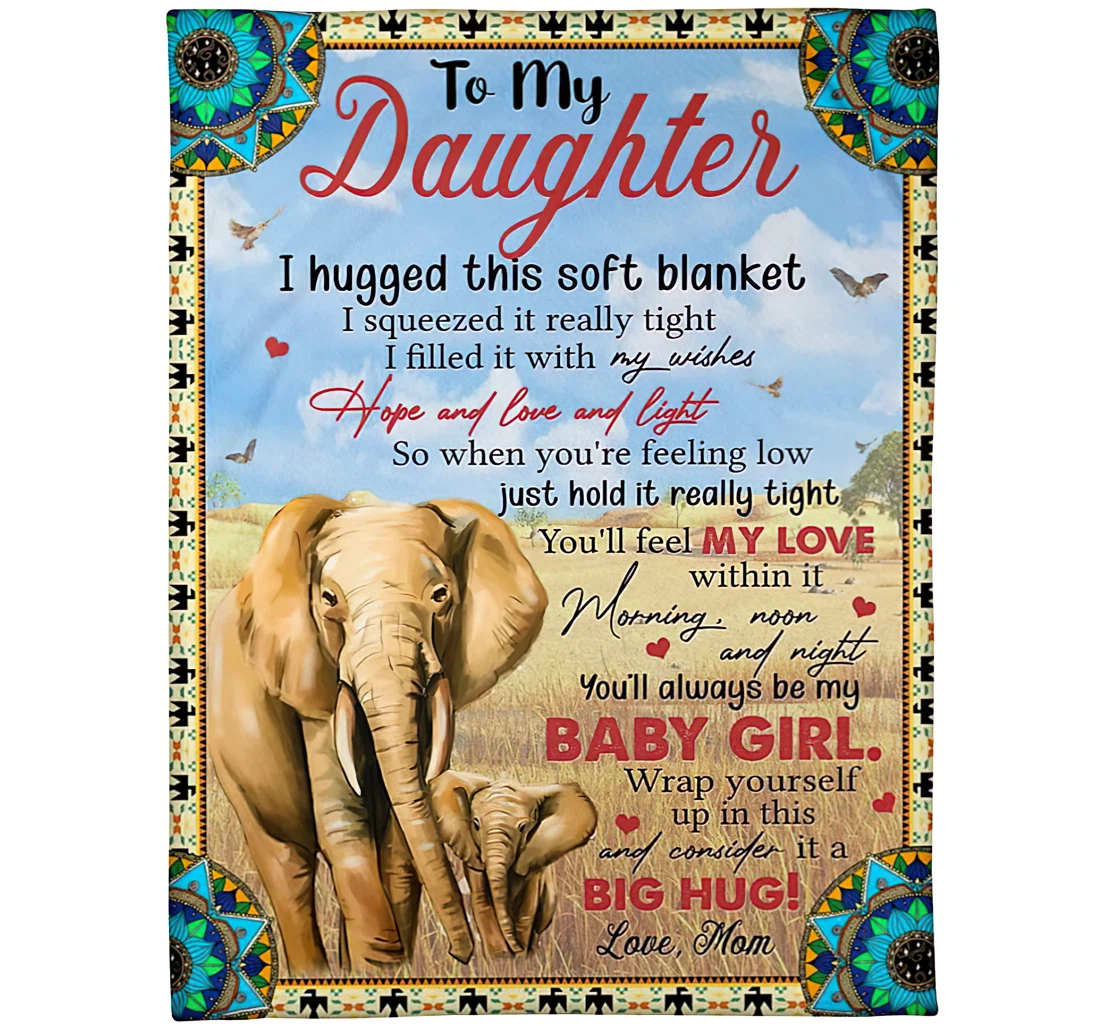 Throw Blanket, Quilt - Personalized Elephants Family To My Daughter From Mom Custom Name I Hugged This Cute Elephants In The Meadow Art Printed Gifts Xmas Sherpa Fleece