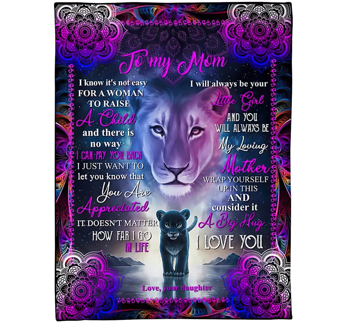 Throw Blanket, Quilt - Personalized Lion To My Mom From Daughter Custom Name Mandala Lovers Mother Lion And Cub Art Print Lotus Flower Pattern Gifts Xmas Sherpa Fleece