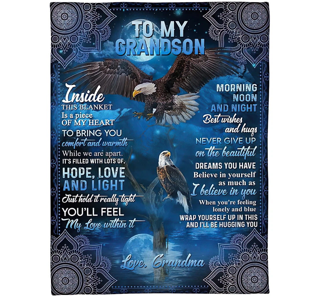 Throw Blanket, Quilt - Personalized To My Grandson From Grandma Custom Name It's Filled With Lots Of Hope Brave Eagles Under The Moon Mandala Background Gifts Sherpa Fleece