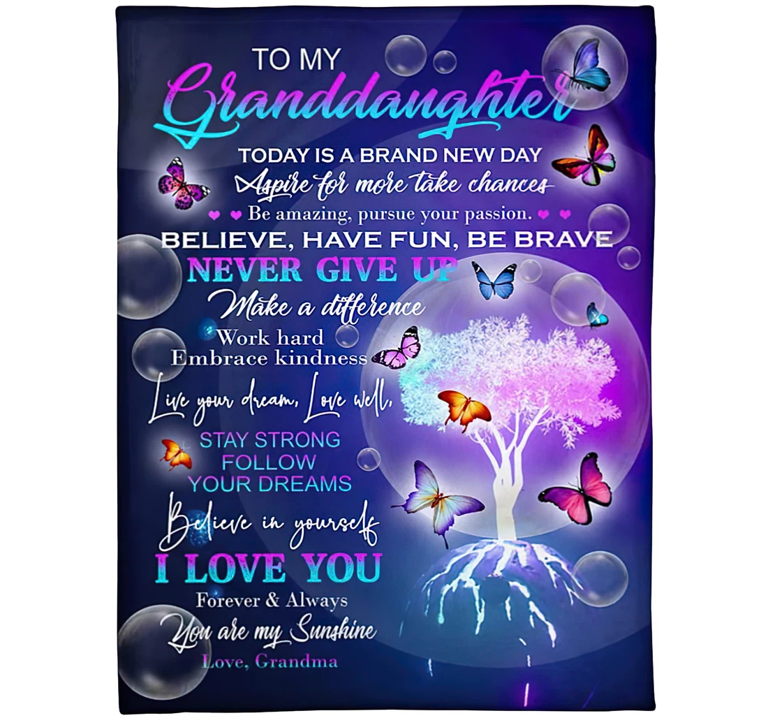 Throw Blanket, Quilt - Personalized To My Granddaughter From Grandma Custom Name Meaningful Butterfly Soap Bubbles Tree Shines In The Night Sky Art Printed Gifts Xmas Sherpa Fleece