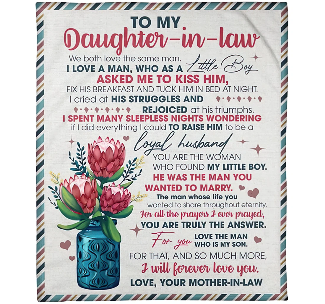 Throw Blanket, Quilt - Personalized Family Letter To My Daughter In Law From Mother Custom Name We Both Love The Same Man Flower Case Art Printed Bedding Gifts Wedding Sherpa Fleece