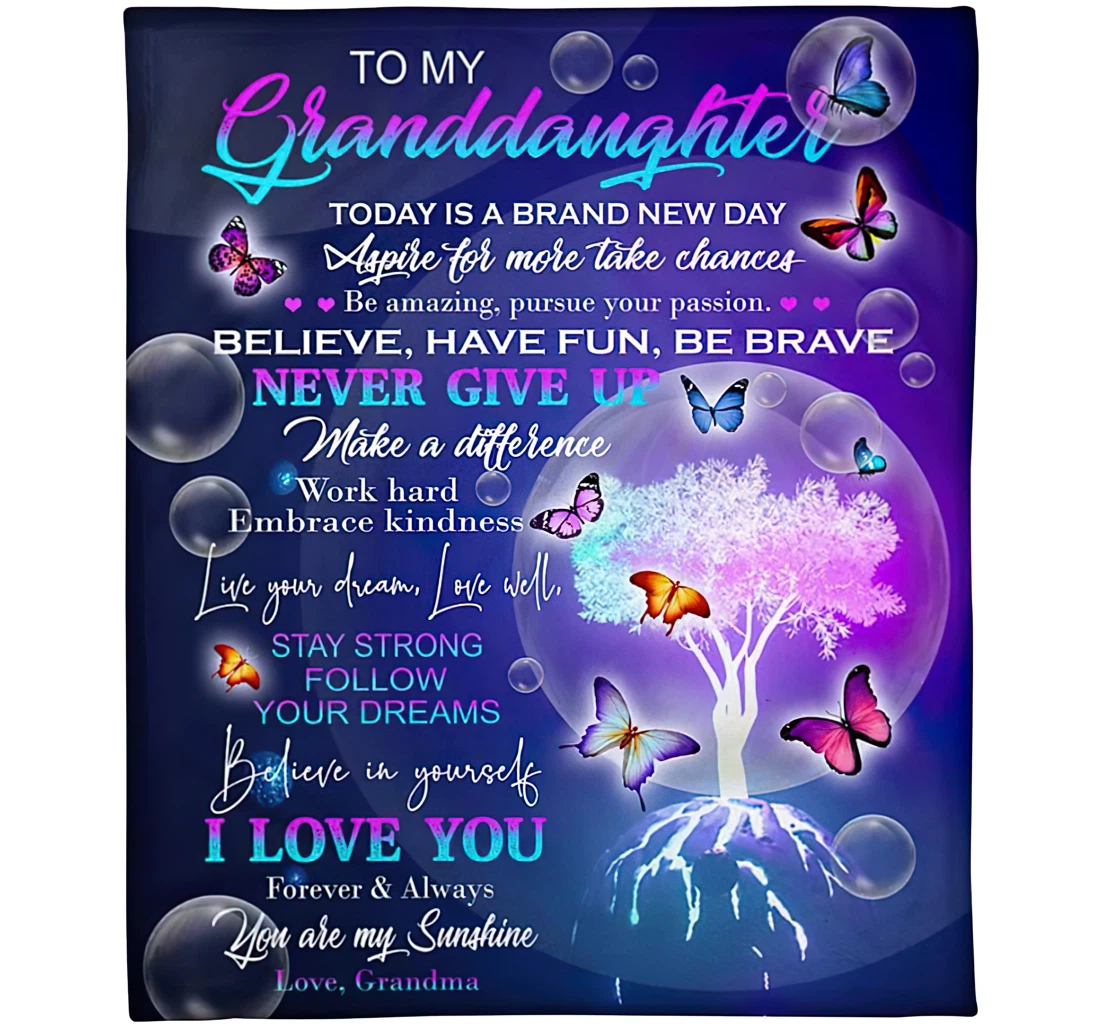 Throw Blanket, Quilt - Personalized Family Love To My Granddaughter From Grandma Custom Name Teach To Believe Have Fun Be Brave Butterfly Tree Soap Bubbles Sherpa Fleece