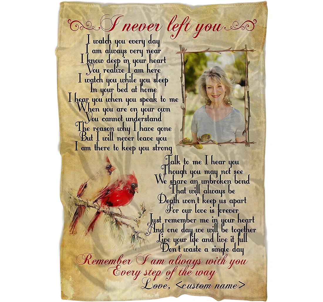 Throw Blanket, Quilt - Personalized Memorial In Heaven Men Women Custom Photo And Name Red Cardinals Bird Couple Art I Never Left You Gifts Sherpa Fleece