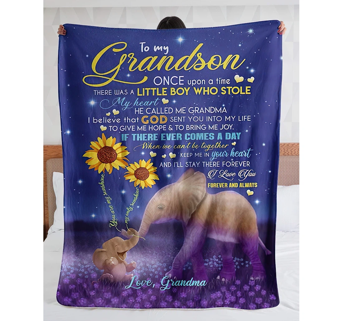 Throw Blanket, Quilt - Personalized Family To My Grandson From Grandma Custom Name Funny Elephants Sunflower In The Night Sky Art Printed Bedding Gifts Sherpa Fleece