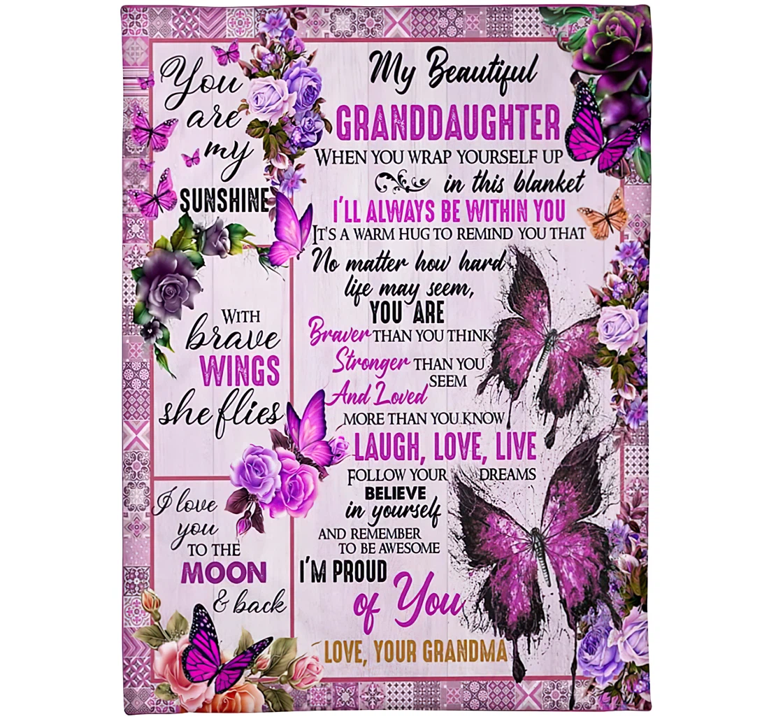 Throw Blanket, Quilt - Personalized Family Love Message To My Granddaughter From Grandma Custom Name When You Are Sunshine Of Me Violet Butterfly Rose Bored Sherpa Fleece