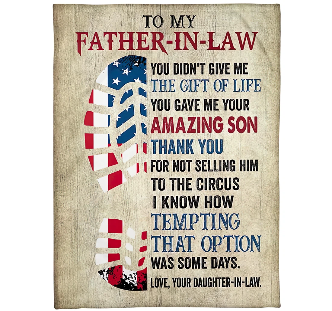 Throw Blanket, Quilt - Personalized Family To My Father In Law From Daughter In Law Custom Name Foot Shoes Print American Flag Bedding Gifts Sherpa Fleece