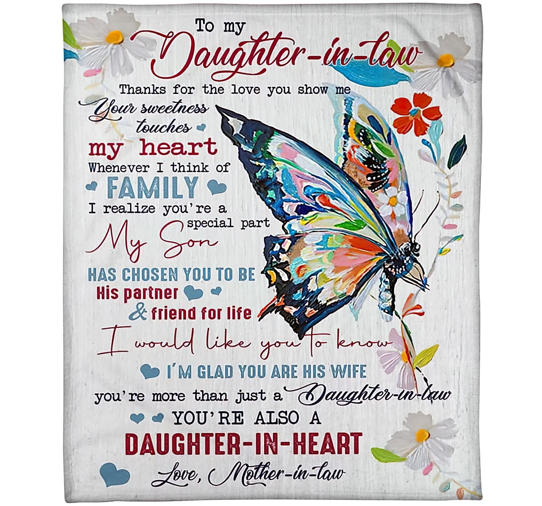 Throw Blanket, Quilt - Personalized Family To My Daughter In Law From Mother Custom Name A Painting Watercolor Butterfly Flower Art Printed Bedding Gifts Wedding Sherpa Fleece