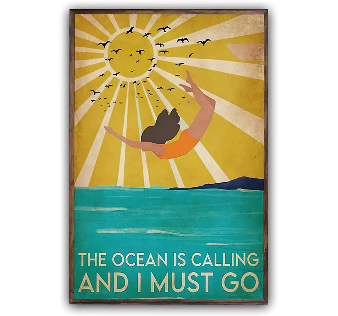 Poster, Canvas - Swimming The Ocean Is Calling And I Must Go Love Swimming Art, Swimming Lovers Gift, Vintage Swimming Print Framed Wall Art